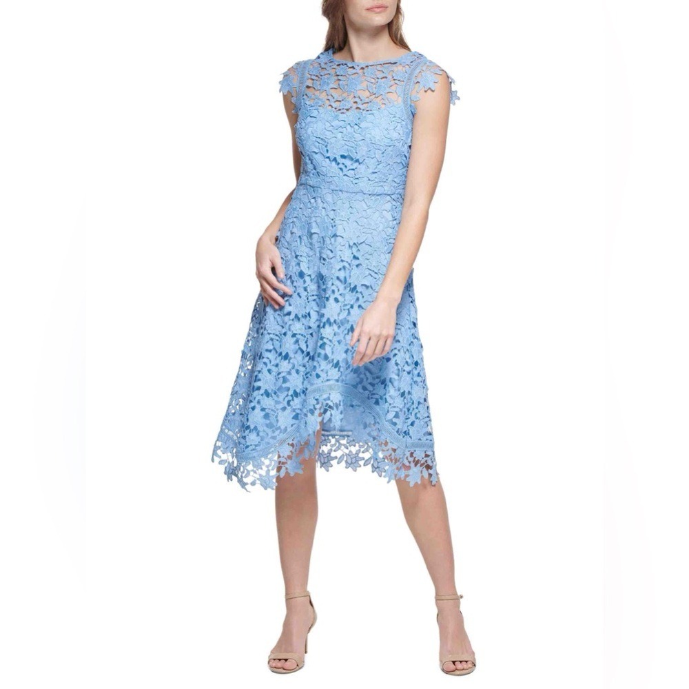 ELIZA J $188 Asymmetric Lace Mididress in Light Blue Size 6